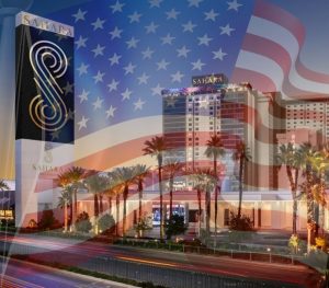 Exterior shot of SAHARA Las Vegas building at dusk with a US flag overlay