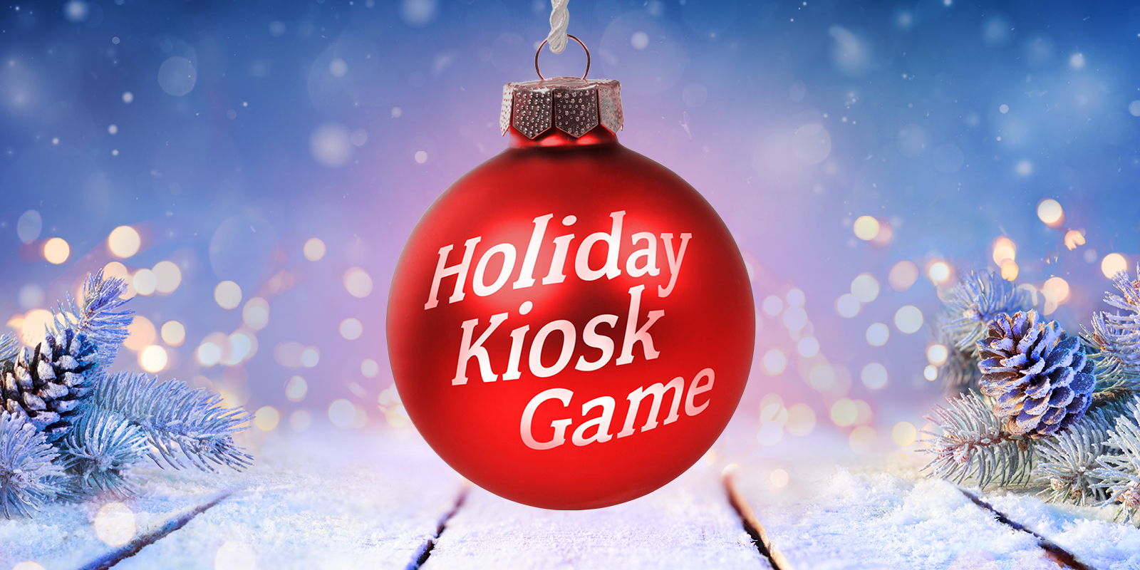 red christmas ornament with holiday kiosk game sign