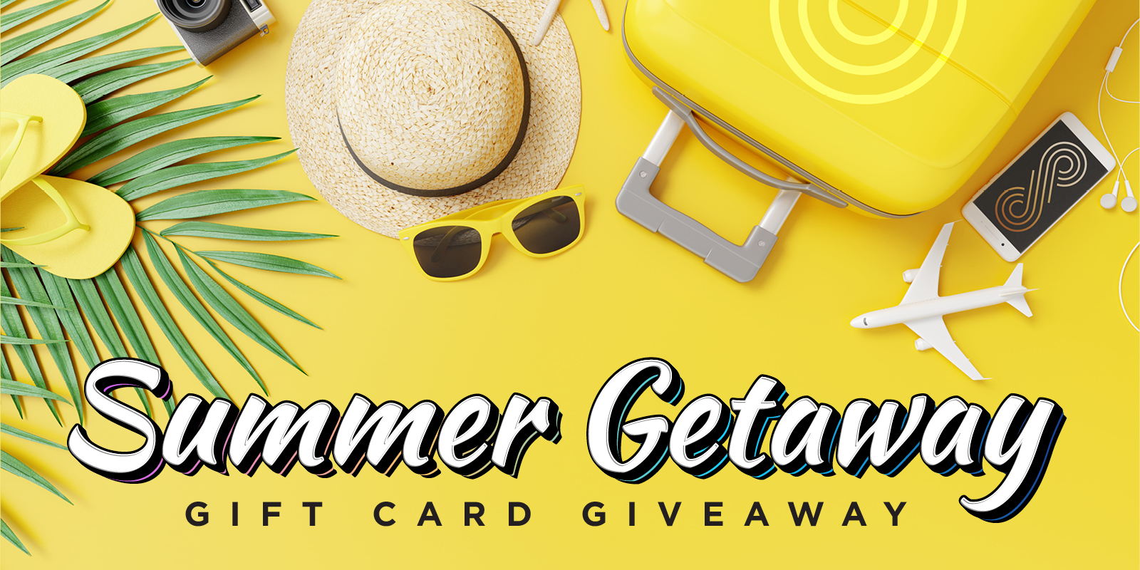 Summer Getaway Gift Card Giveaway - Creative has yellow background with a hat, glasses, plane, phone and suitcase.