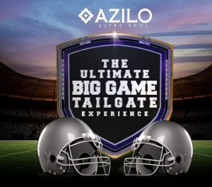 The Ultimate Big Game Tailgate Experience copy against a football stadium with two football helmets