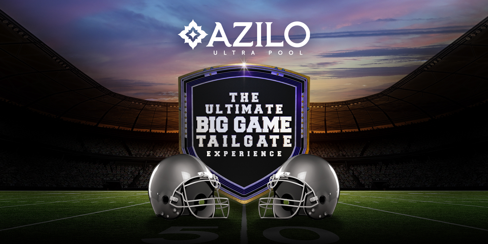 The Ultimate Big Game Tailgate Experience copy against a football stadium with two football helmets