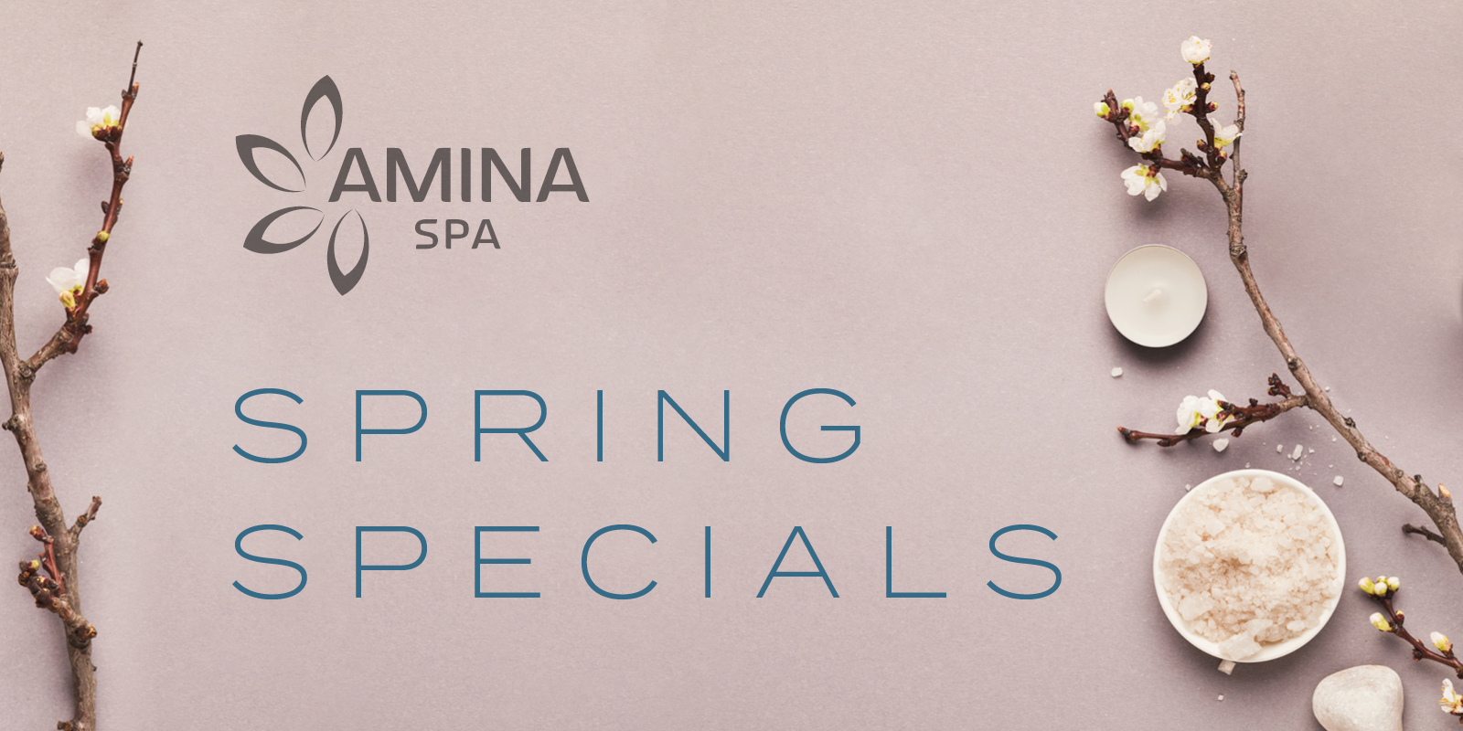 Amina Spa - Spring Specials Visual - custom graphic promoting spring specials. Pink-ish in color, white cherry blossom branches, bath salts, candles, sea shell
