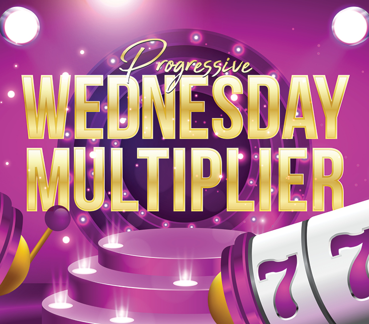 Wednesday Multiplier Graphic. Letters in gold centered in front of stairs and a platform with reels and a pink background