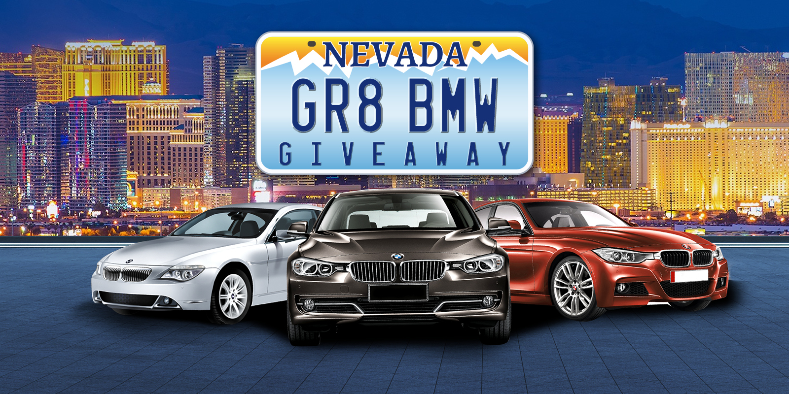 GR8 BMW Giveaway visual. Shows a silver, grey + red BMW with a Nevada license plate