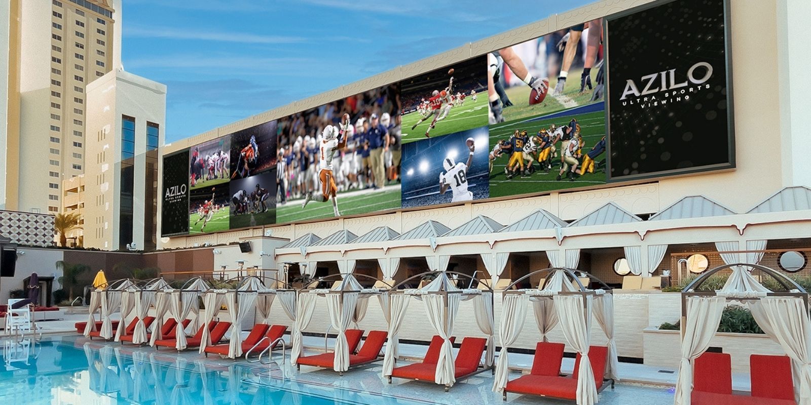 AZILO Ultra Pool - football on big screens over pool and cabanas