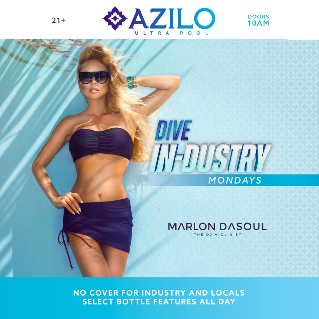 AZILO Ultra Pool - Dive In-Dustry Mondays visual featuring a sexy woman in a blue bikini and sun glasses