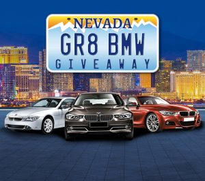 GR8 BMW Giveaway visual. Shows a silver, grey + red BMW with a Nevada license plate