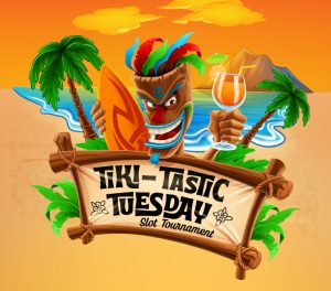 Tiki-Tastic visual that promotes the Tuesday casino promotion. Shows a tiki head with a cocktail and surfboard and is in front of the ocean
