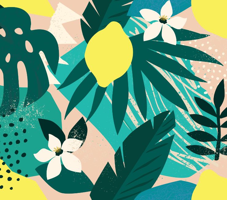 Balla image that is just a fun textural graphic of lemons, leaves and white flowers