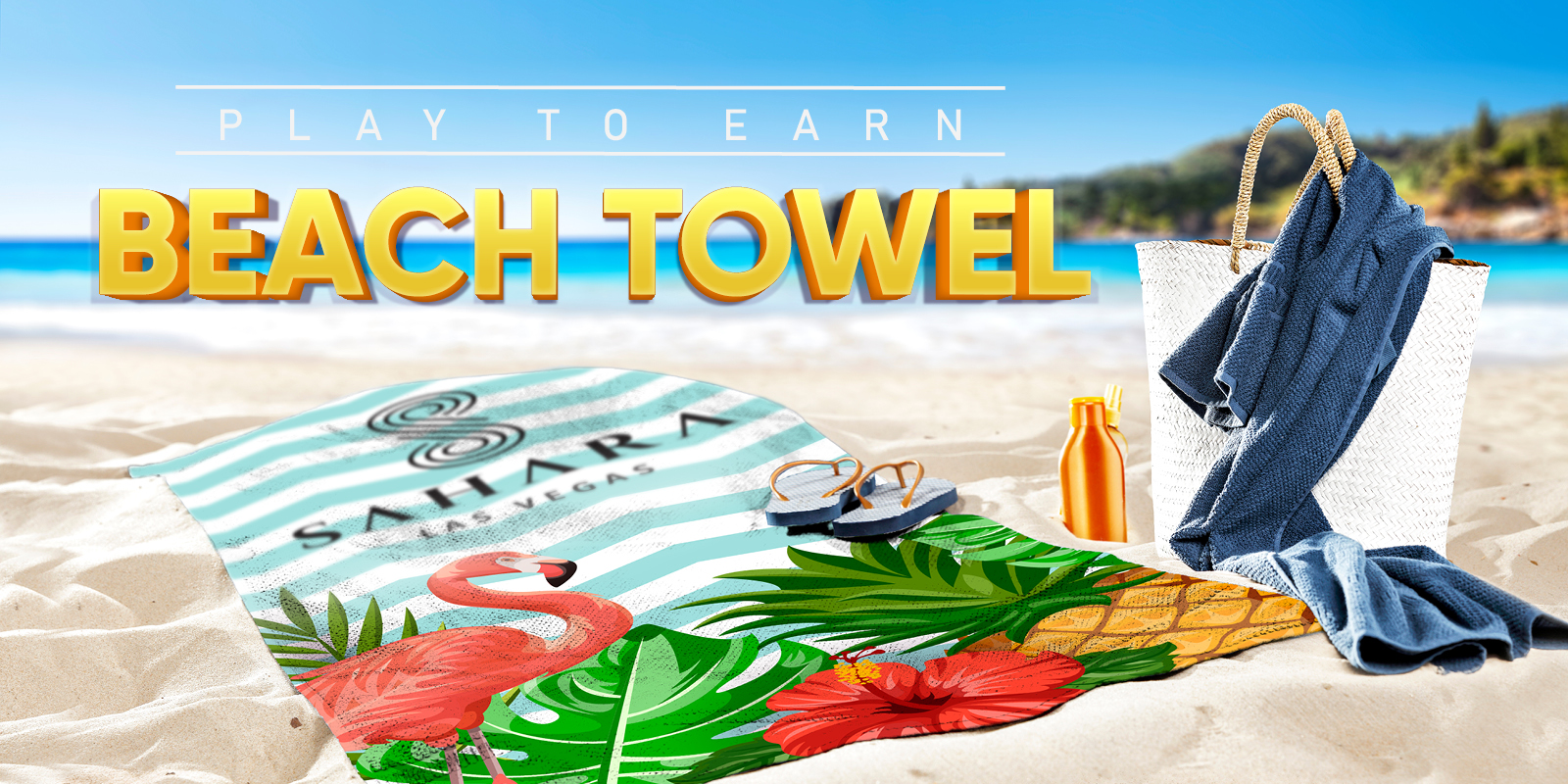 visual that promotes a beach towel giveaway. It says Play To Earn Beach Towel and shows the beach towel on the beach near the ocean with a beach bag sandals and a water bottle
