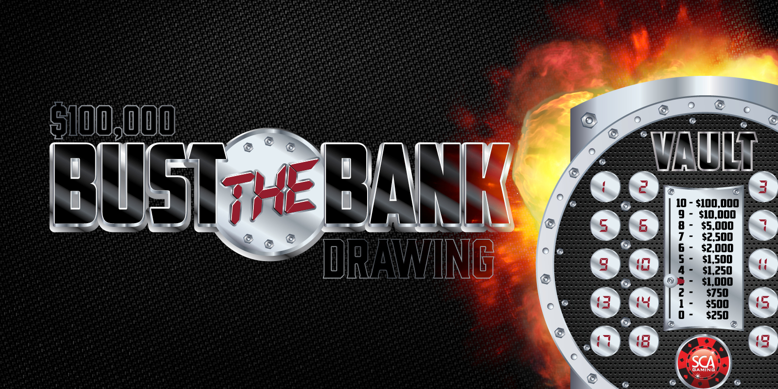 Bust The bank visual showing a vault with flames behind it and teh words to the left saying $100,000 BUST THE BANK DRAWING