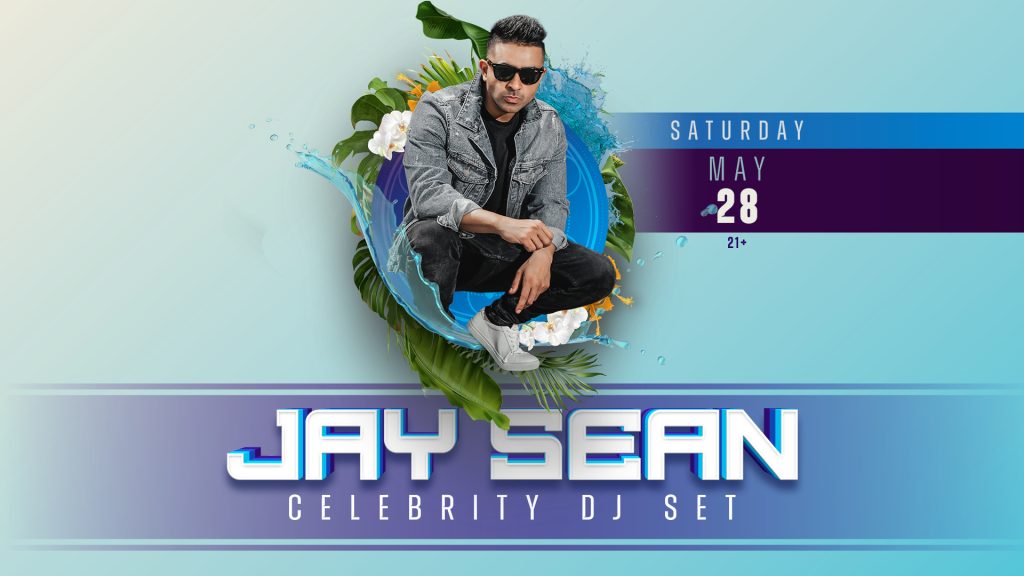 AZILO Ultra Pool visual showing off Jay Sean event on May 28th at AZILO Ultra Pool. The visual is blue and shows Jay Sean centered around water splashing and tropical leaves.
