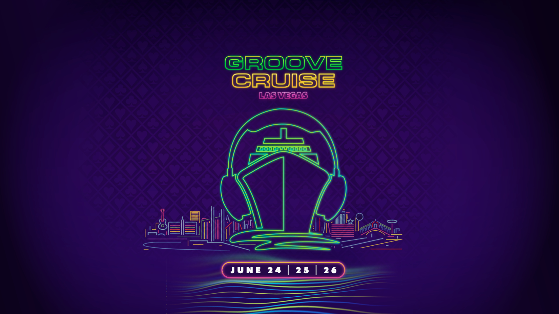 Groove Cruise Visual. This shows a cruise ship with headphones on and june 24, 25 and june 26