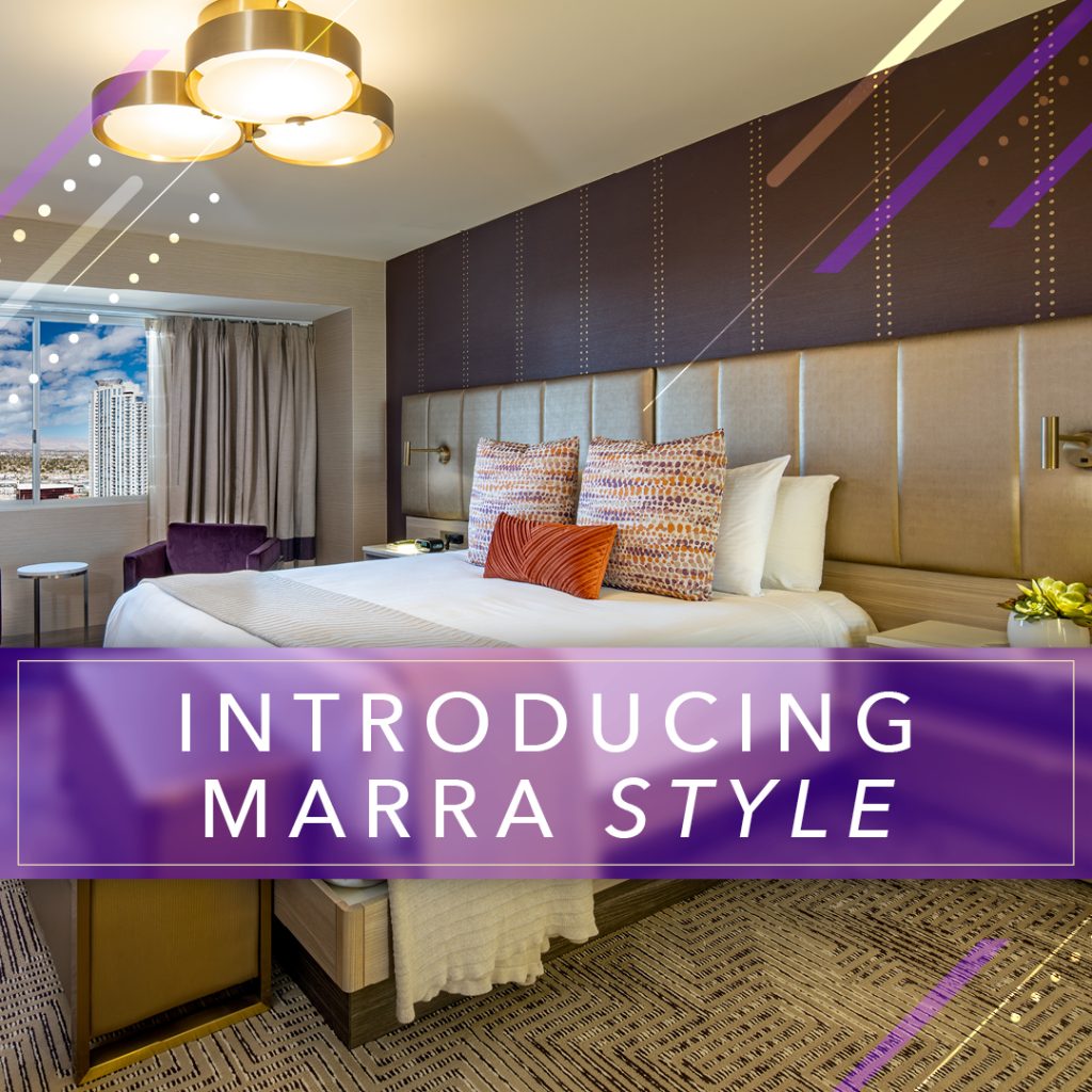 Introducing Marra Style visual showing the new room behind a purple and gold visual treatment