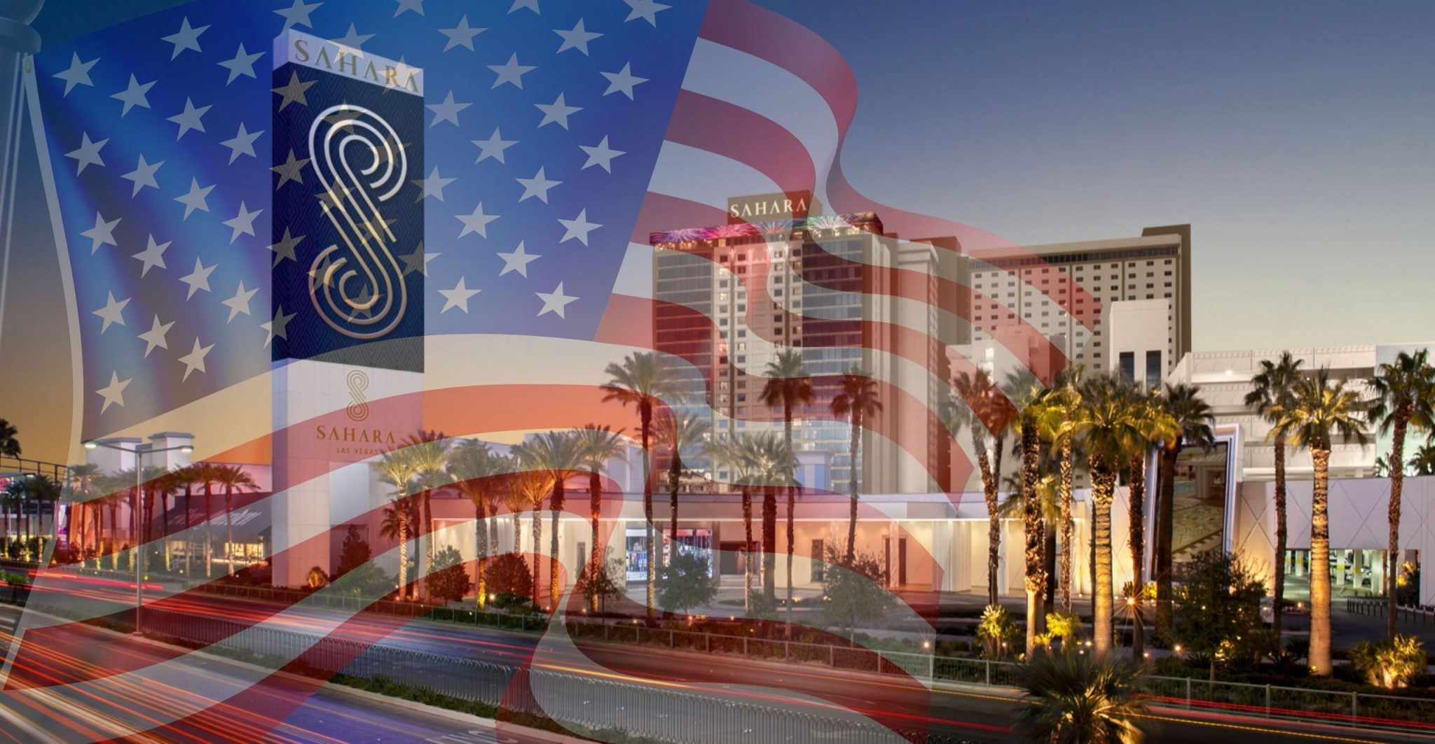 SAHARA Las Vegas with an American flag overlay to show respect for Memorail Day Weekend