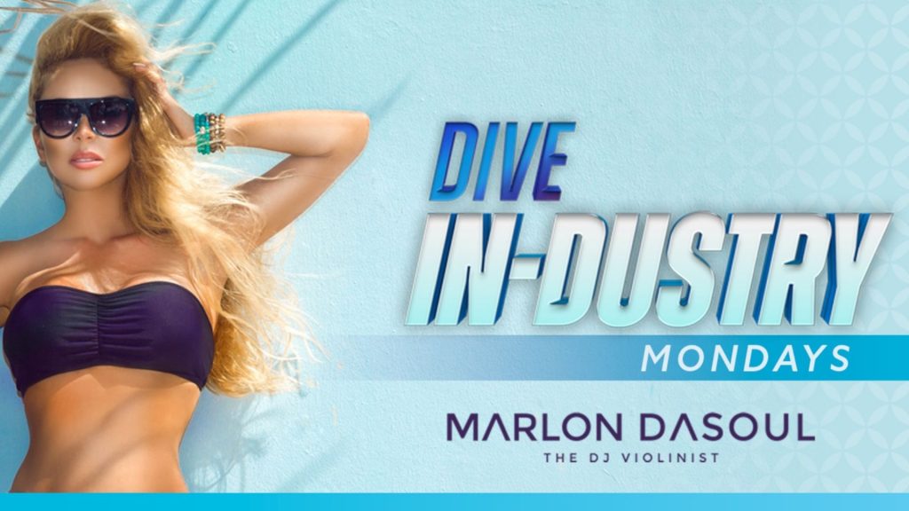 Dive Industry Monday visual for a dj at AZILO Ultra Pool. SHows a cute woman leaning against a blue wall