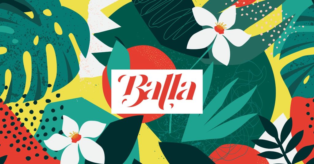 Header visual for the Balla website page. Includes the Balla logo in red with a textural floral pattern in the background that includes white flowers, tomatoes, leaves, and other textural elements