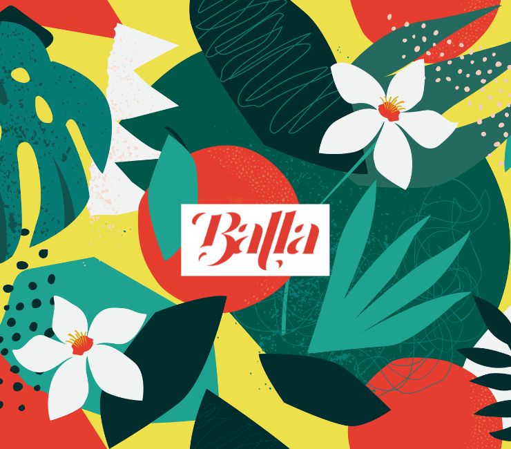 Featured visual for the Balla website page. Includes the Balla logo in red with a textural floral pattern in the background that includes white flowers, tomatoes, leaves, and other textural elements