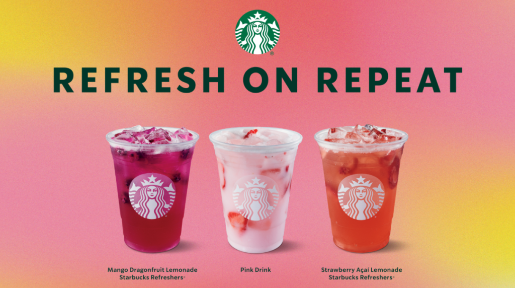 Starbucks visual featuring 3 Grande size refresher summer drinks for 2022. It says Refresh On Repeat with the Starbucks icon and the 3 fruit drinks
