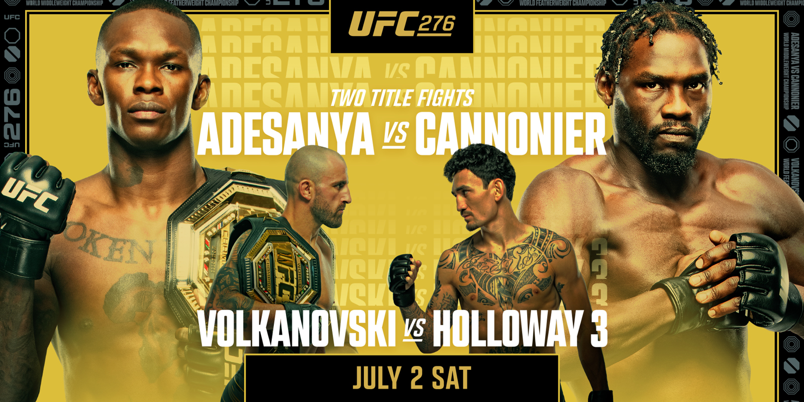 volkanovski vs holloway 3 visual to promote the closed-circuit viewing at chickie's and pete's. shows the two fighters looking at each other with a yellow background