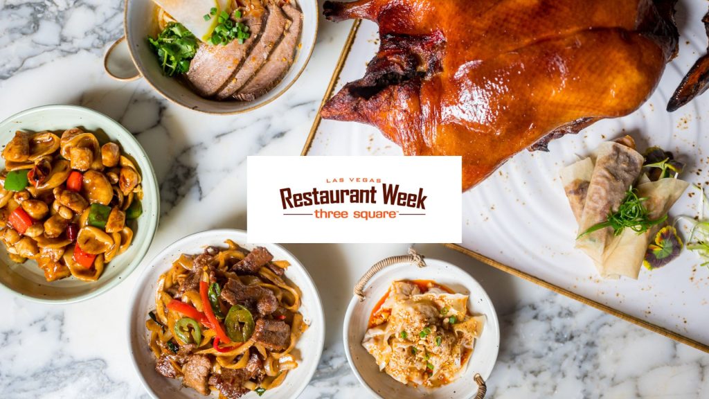 Visual promoting Restaurant week showing Noodle Den food and centered is the three square logo