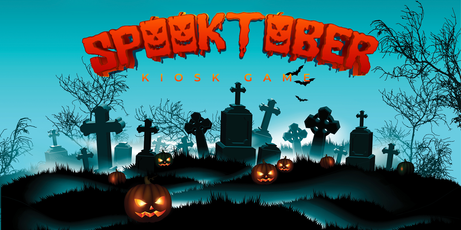 spooktober kiosk game visual showing a full moon and a scary graveyard with pumpkins