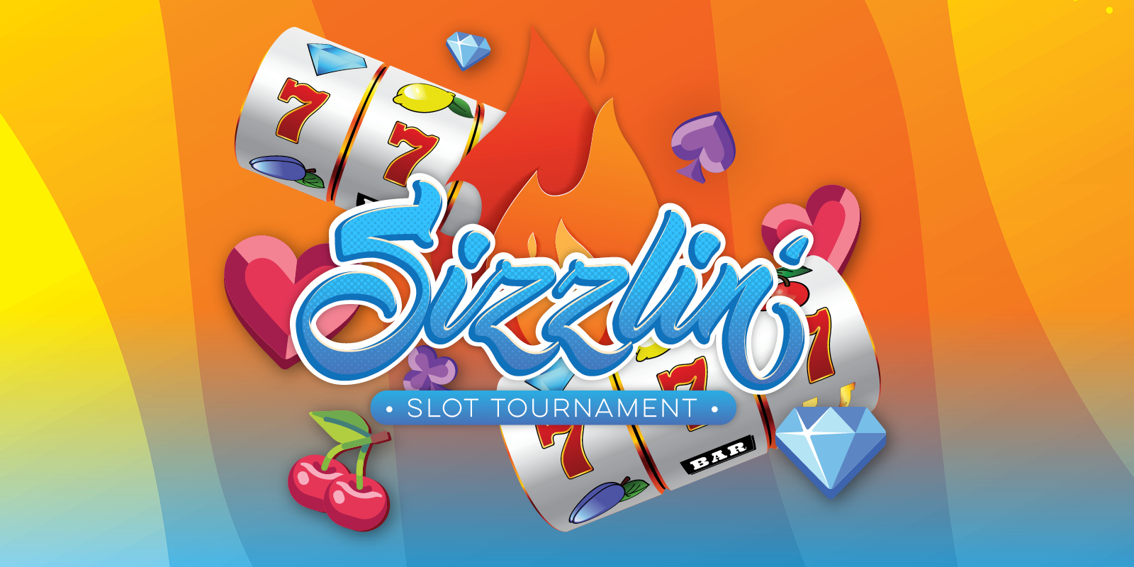 Creative for Sizzlin' Slot Tournament in September showing 7's on reelse diamons and cherries falling from the sky with a bright and vibrant summer vibe