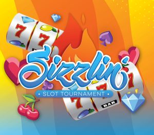 Creative for Sizzlin' Slot Tournament in September showing 7's on reelse diamons and cherries falling from the sky with a bright and vibrant summer vibe