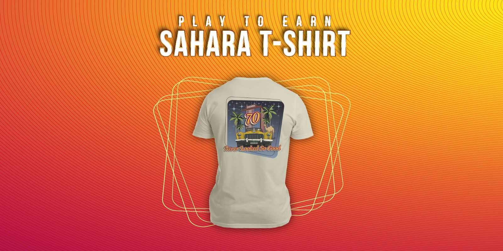 SAHARA branded 70th anniversary t-shirt with a red and orange gradient background