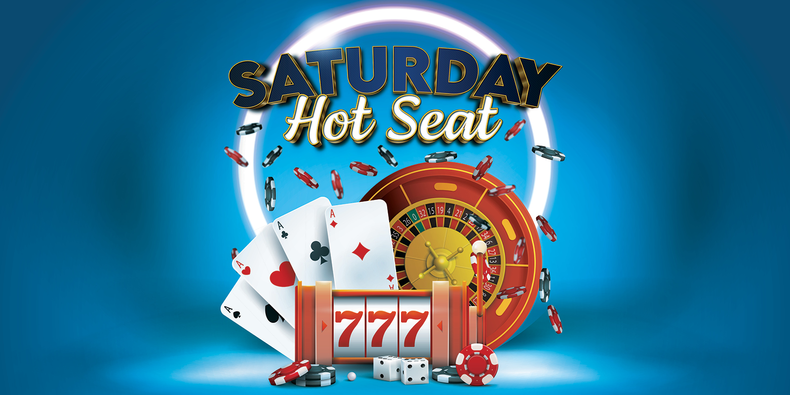 Saturday in December Floorwide Hot Seat creative showing a wheel to spin, cards and roulette