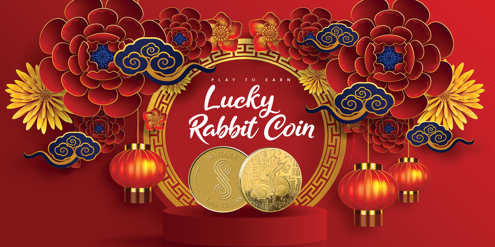 Lucky Rabbit Coin with a Chinese esthetic and floral elements surrounding the gold coin