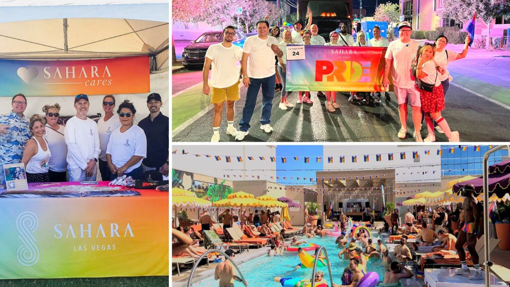 SAHARA Pride picture showing booth at festival and pride parade and pool party