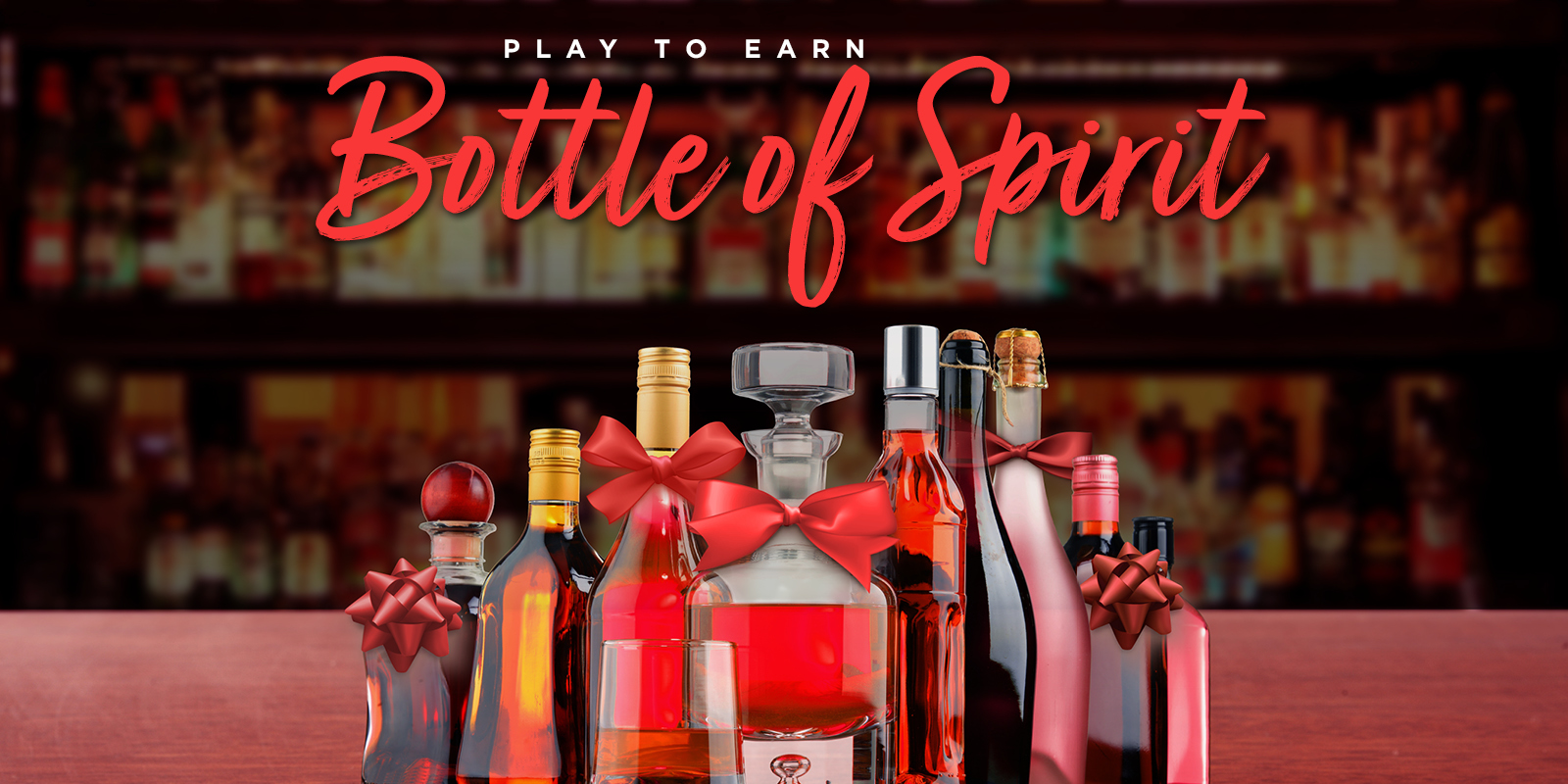 Bottles of alcohol lined up on a bar with red ribbons for a casino event where people can play to earn a bottle.