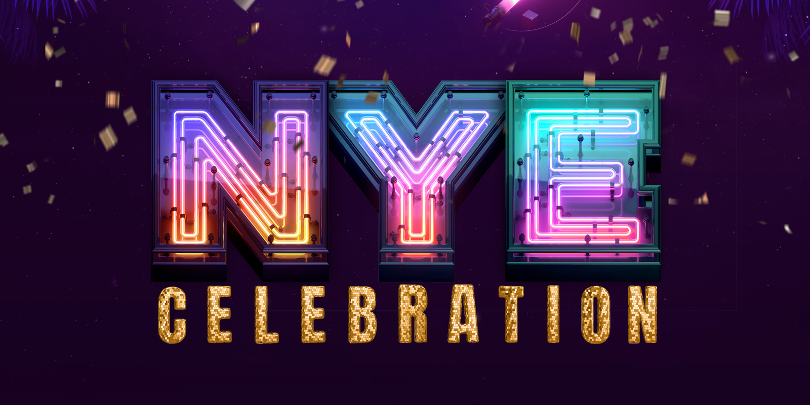 New Year's Eve 2022 celebration creatives that have a neon sign esthetic