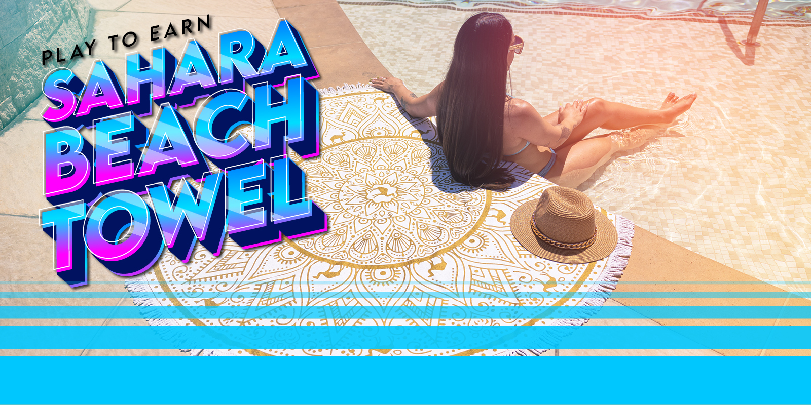 SHAARA branded beach towel promotional creative showing a girl sitting on the towel by the pool.