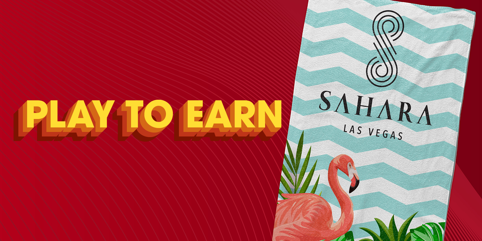 A creative for Play to earn a SAHARA towel showing a flamingo beach towel
