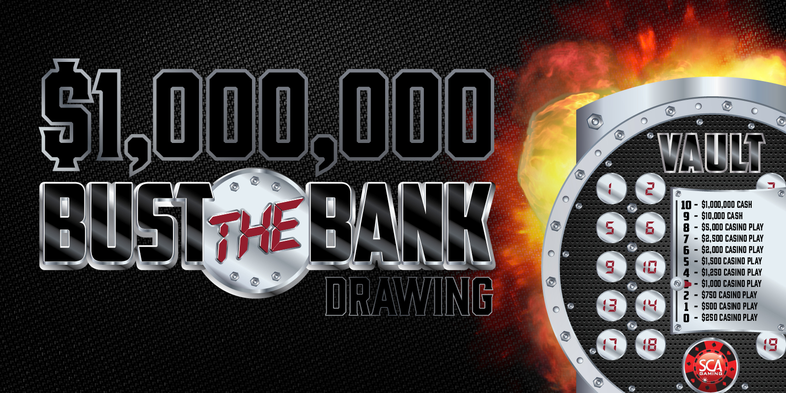 $1,000,000 Bust The Bank creative showing a vault exploding with fire and a countdown