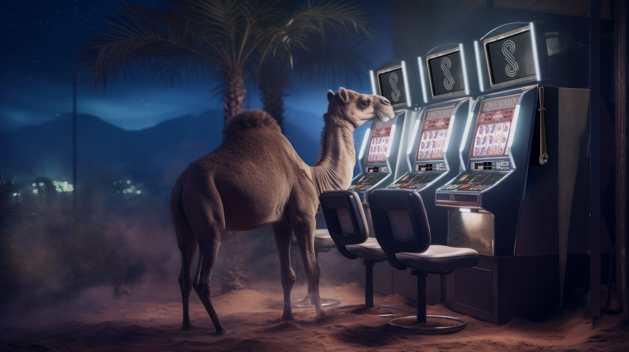 A camel looking at slot machines in the middle of the desert