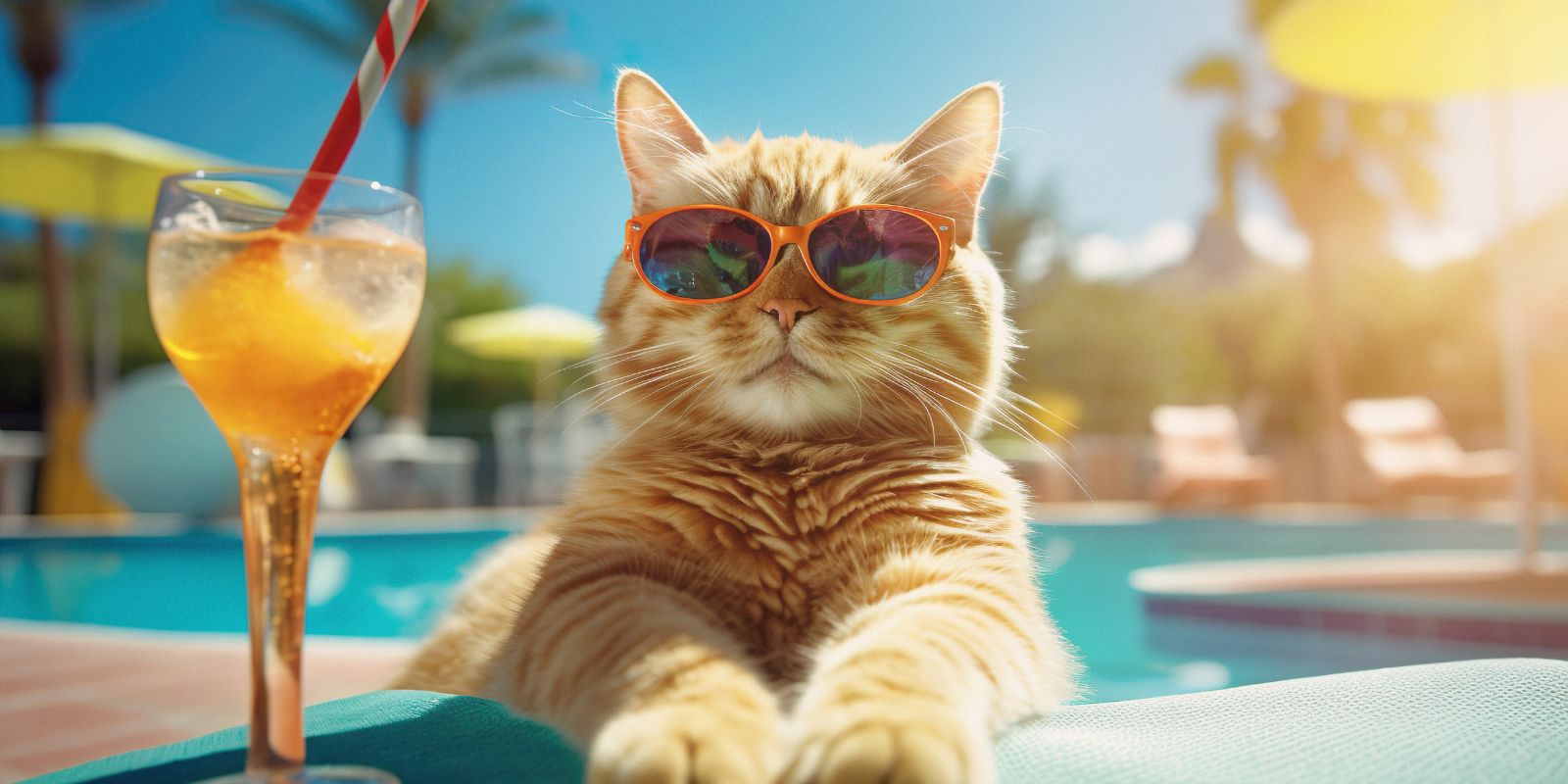 a picture of a cat wearing sunglasses sitting poolside