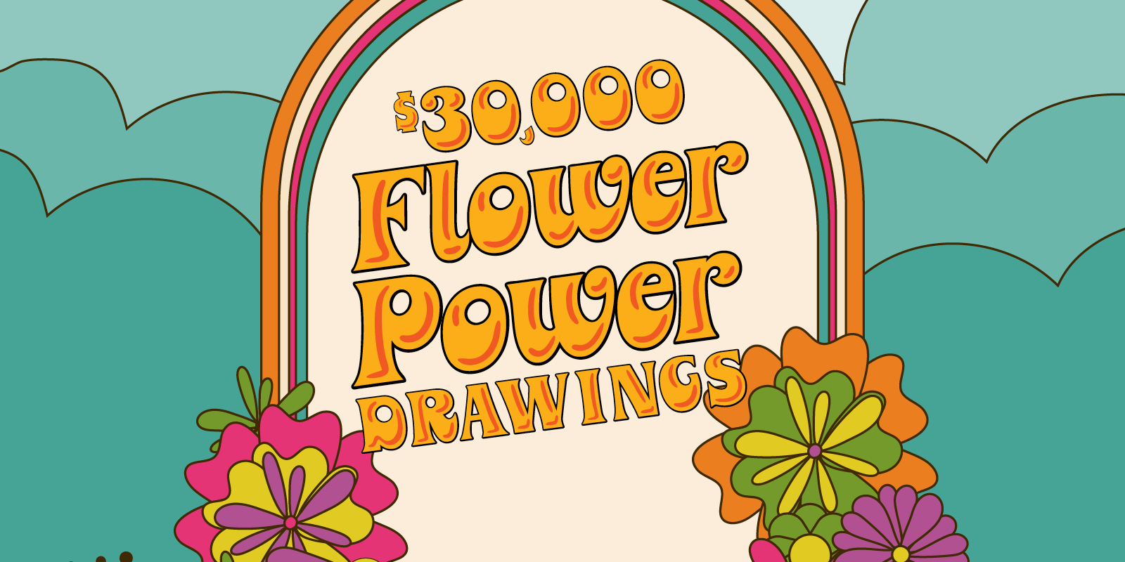 Flower Power slot tournament creative that has a 70's vibe and color theme