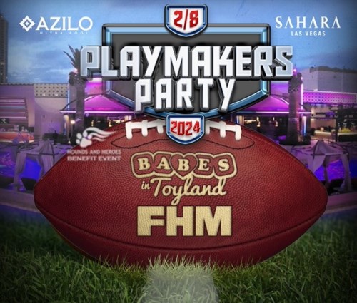 Promotional flyer with PlayMakers Party as text over a football