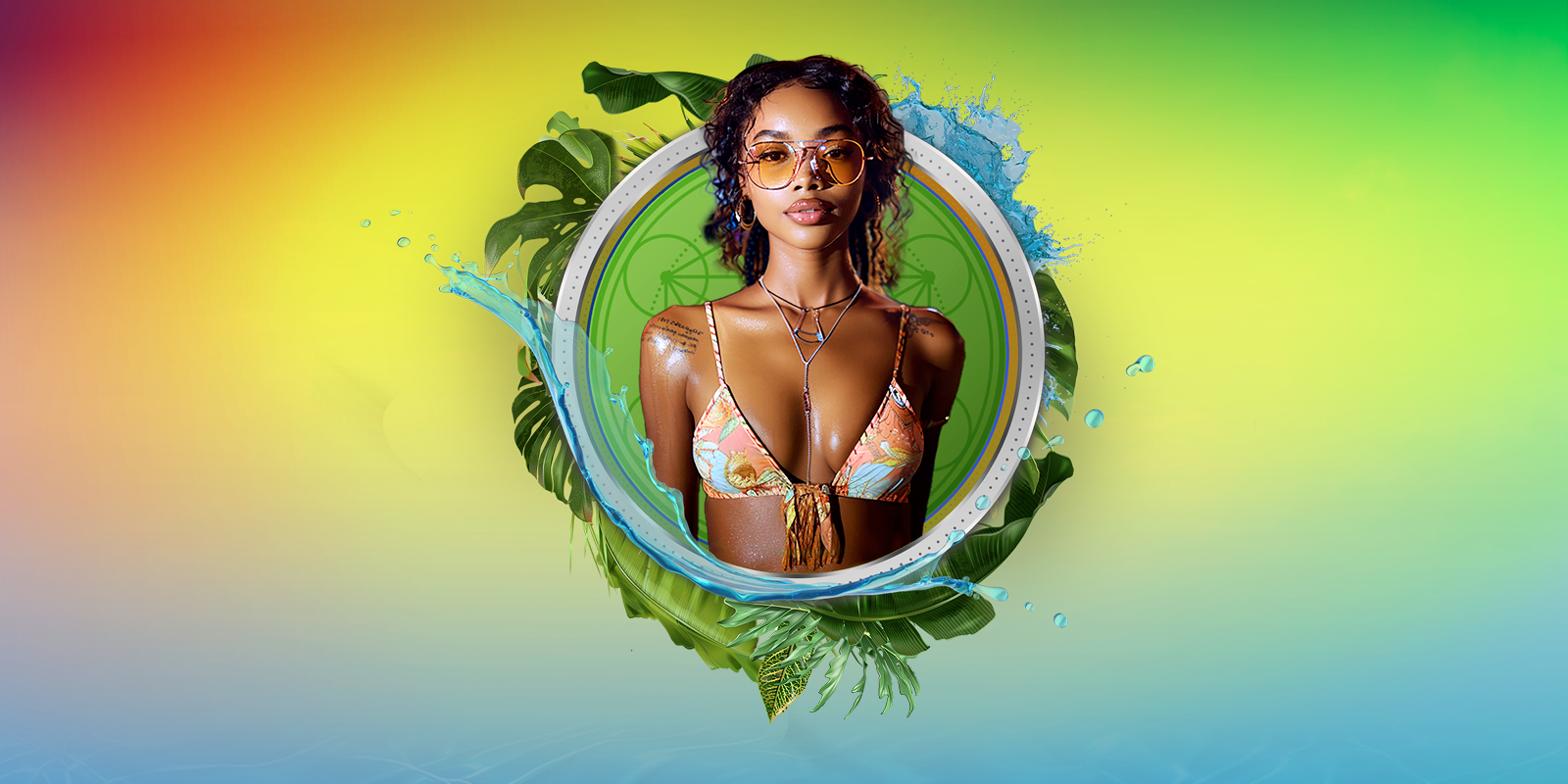 Reggae Nights creative showing a woman in a vibrant colorful background and a water esthetic.