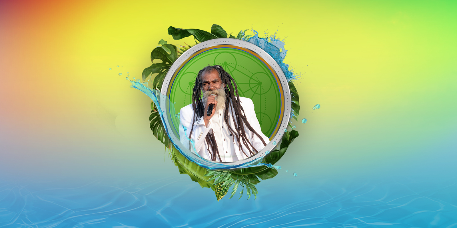 Don Carlos Reggae Nights creative showing the artist in a water esthetic