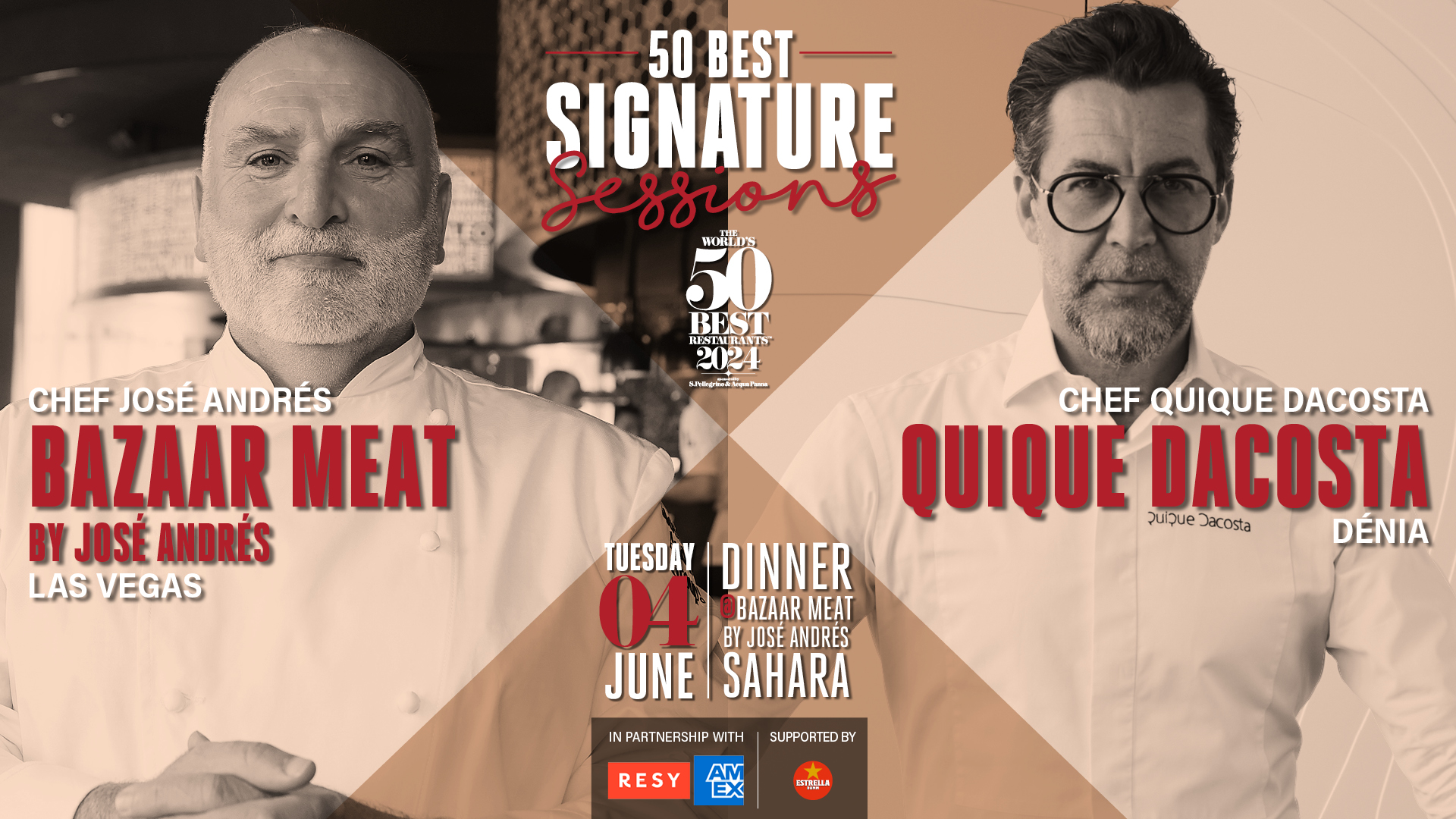 Chefs José Andrés and Quique Dacosta side by side with copy about the June 4 signature sesision event