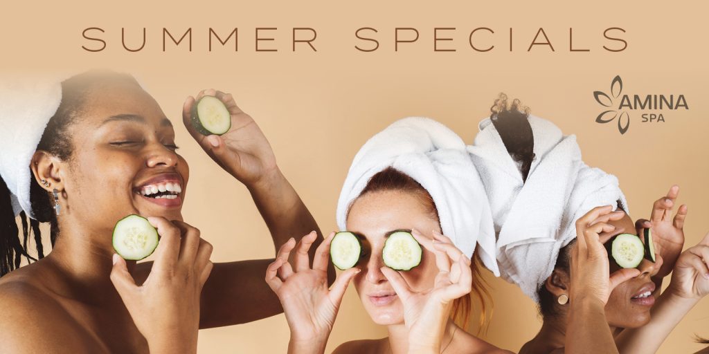 Amina Spa summer specials creative showing girls at the spa playing with cucumbers