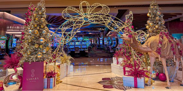 Christmas 2024 holiday décor inside of SAHARA Las Vegas showing Christmas trees and lights