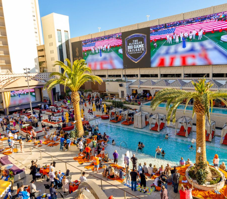 big game picture showing people watching football at the pool