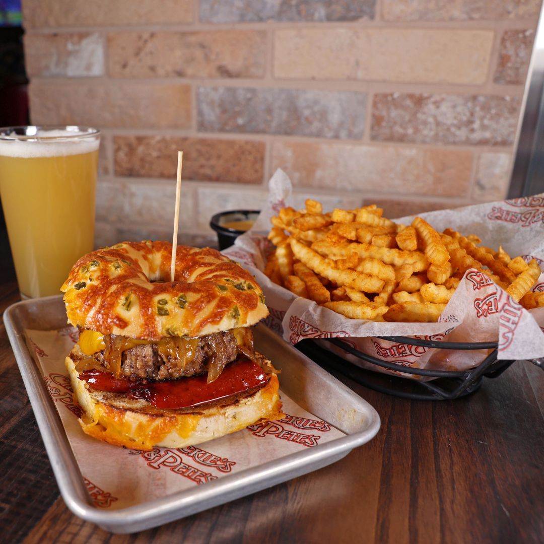 Chickie's and Pete's burger of the month, with two glazed donuts for buns