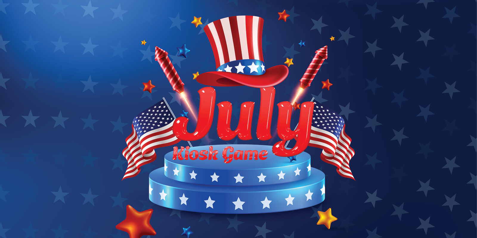 4th of July kiosk game creative showing red, white and blue