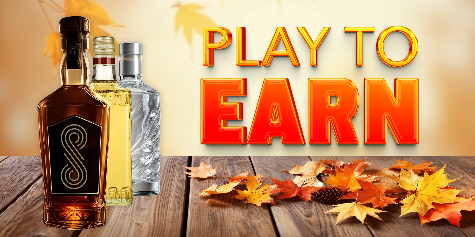 play to earn bottle of spirits creative showing bottles on a table with a fall esthetic